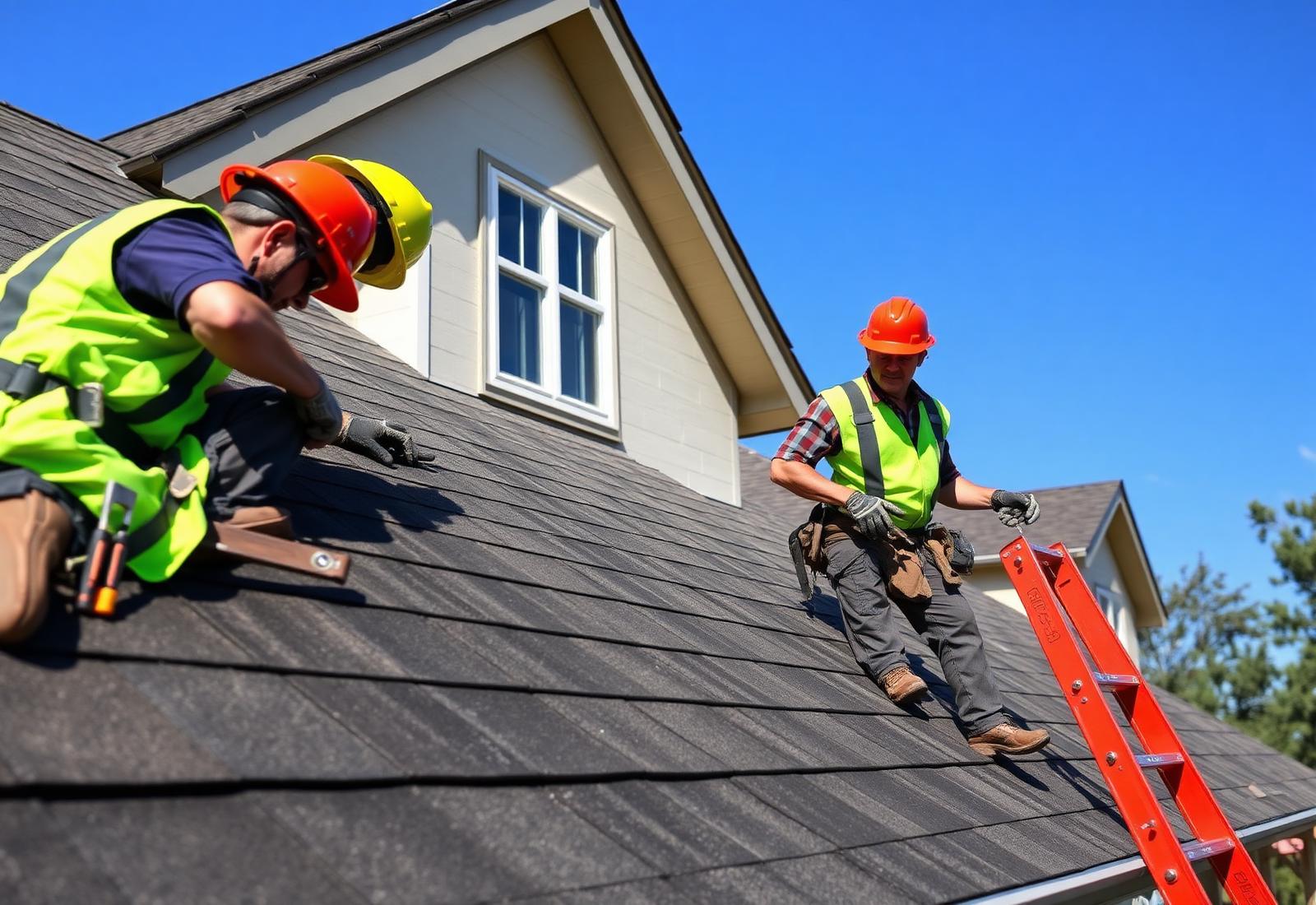 Roofing crew installing shingles