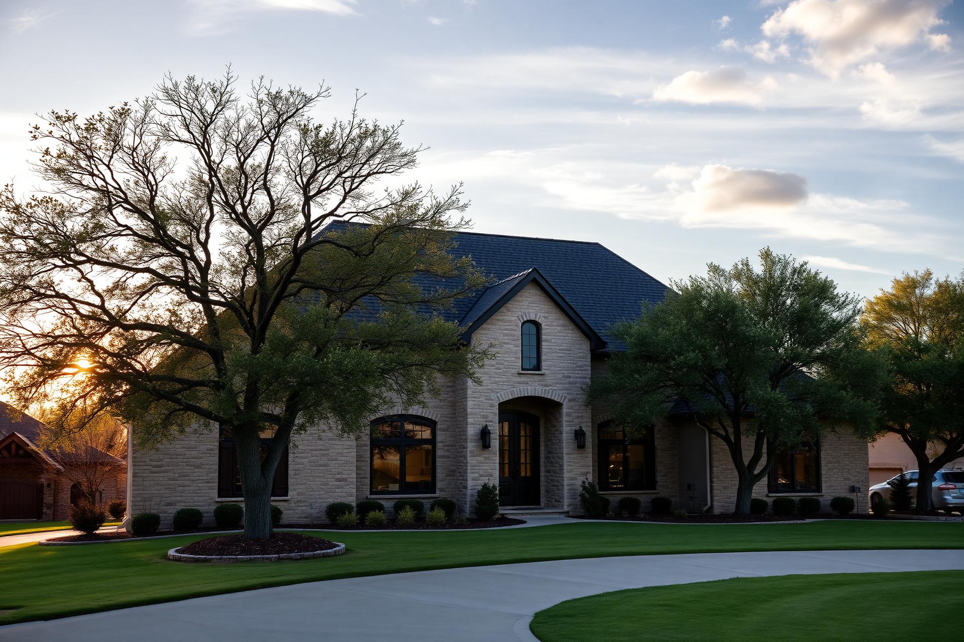 Central Texas home with a new roof at golden hour